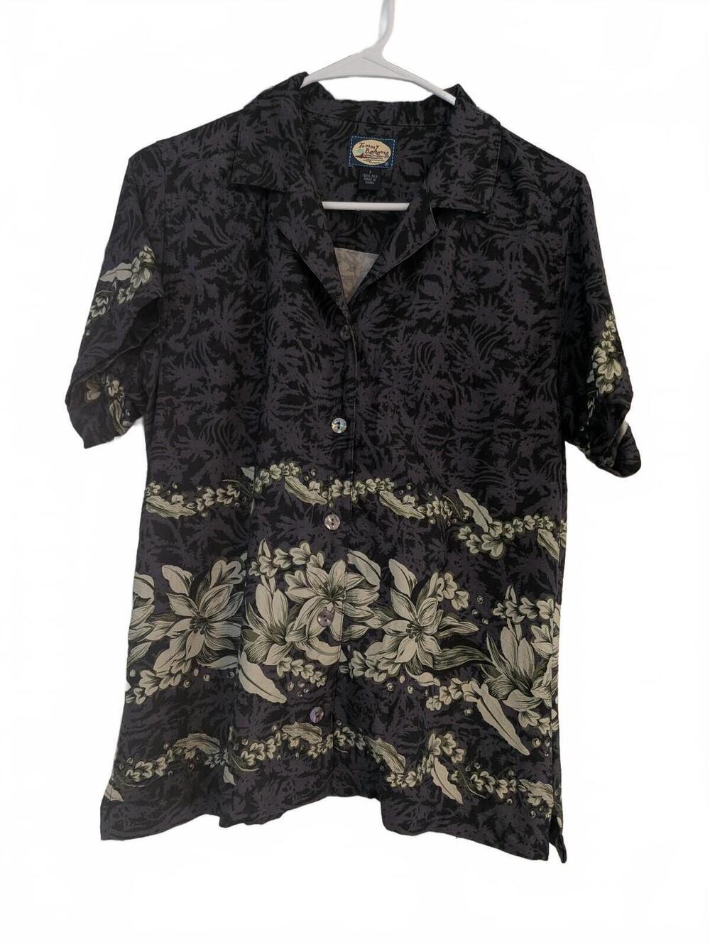 Vintage Y2K Tommy Bahama Men's S Black Floral Silk Button-Up Short Sleeve Shirt